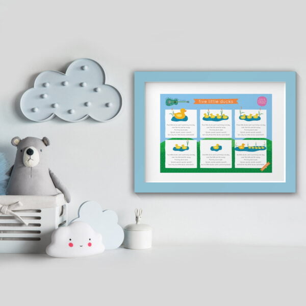 Framed 5 Little Ducks Nursery Rhyme in blue, hanging on a child's bedroom wall